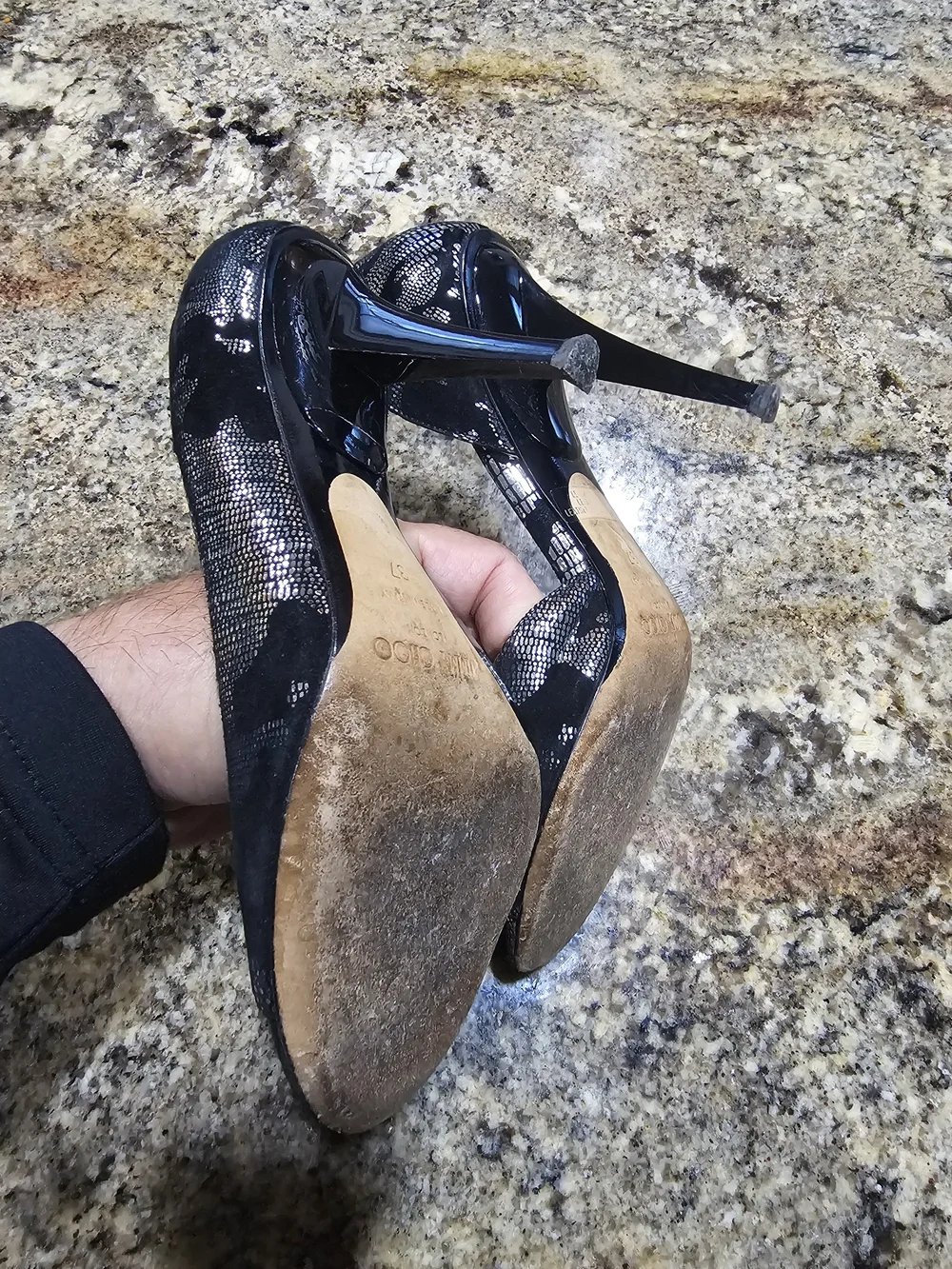 Jimmy Choo Black Metallic Lace Peep-Toe Pumps Size 37 (6.5) Made In Italy
